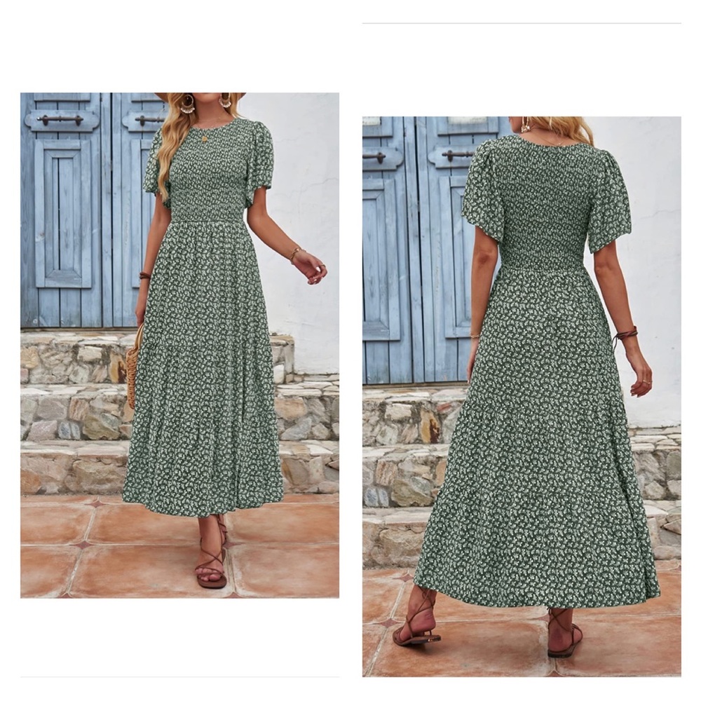 Floral Print Short Flutter Sleeve Crew Neck Smocked High Waist Flowy Maxi Dress